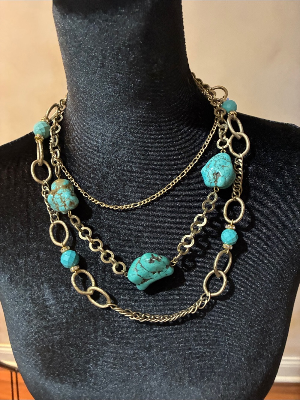 Turquoise Stone Multi-Chain Necklace - Women Jewelry